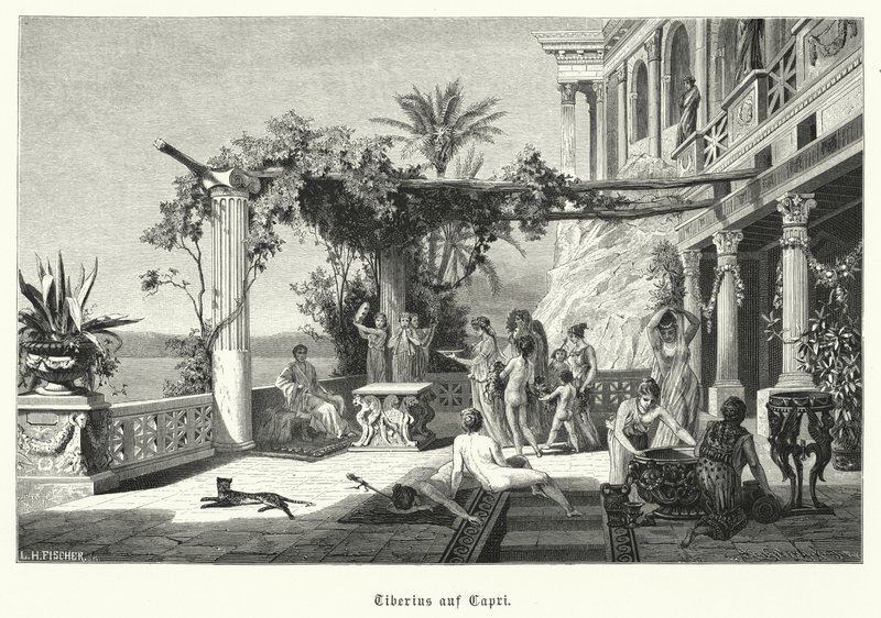 Emperador romano Tiberio en la isla de Capri (grabado) de German School