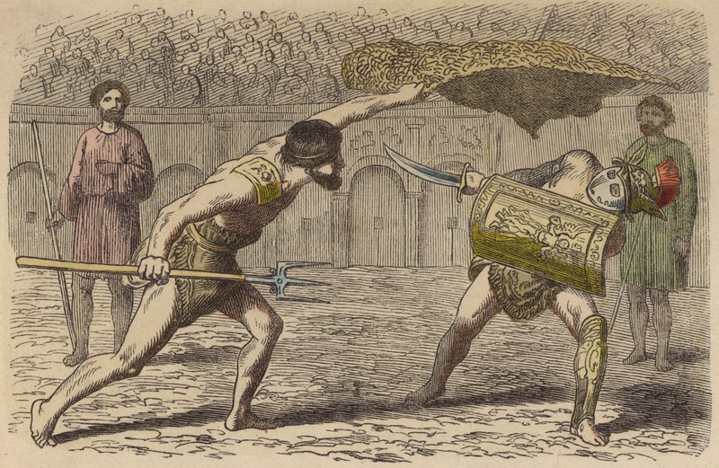 Gladiadores romanos: un retiarius luchando contra un samnita de German School