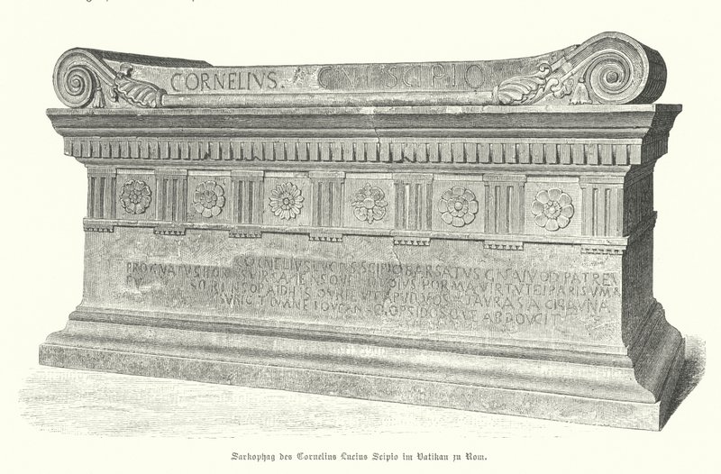 Sarcófago del soldado y cónsul romano Lucio Cornelio Escipión Barbato en el Vaticano, Roma (grabado) de German School
