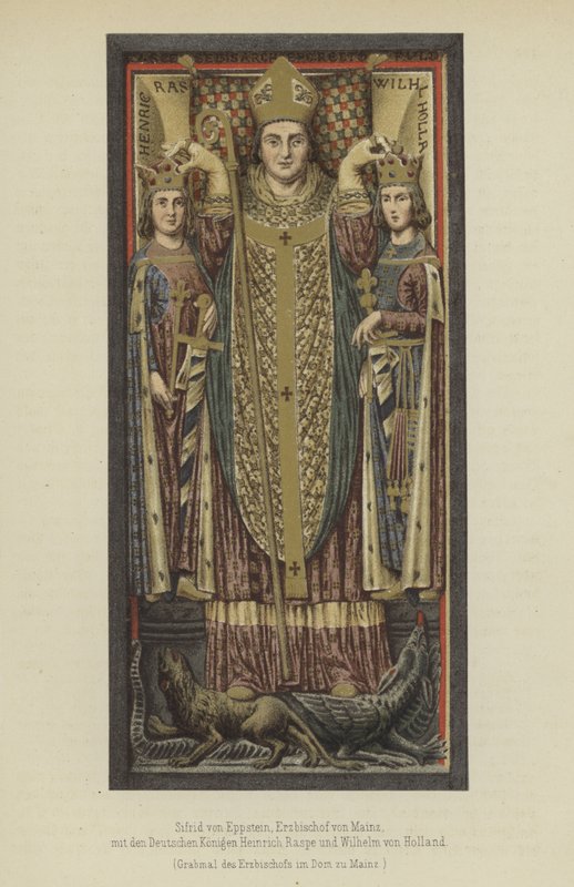 Siegfried von Eppstein, Arzobispo de Mainz de 1230 a 1249, con los Reyes Alemanes Enrique Raspe, Landgrave de Turingia, y Guillermo II de Holanda, Conde de Holanda y Zelanda de German School
