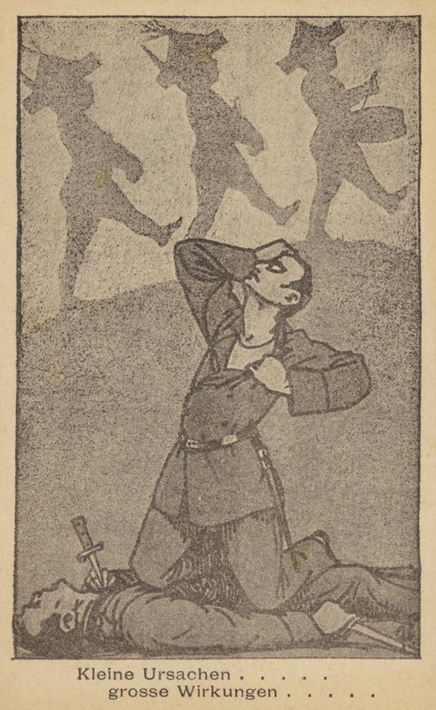Pequeñas causas, grandes efectos. Ilustración alemana contra la guerra, publicada por WILPF (Liga Internacional de Mujeres por la Paz y la Libertad), finales de los años 20 (litografía). de German School