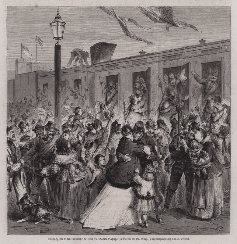 Soldados de la Gardelandwehr prusiana recibidos en la estación de Potsdam, Berlín, a su regreso de la Guerra Franco-Prusiana, 22 de marzo de 1871 (grabado) de German School