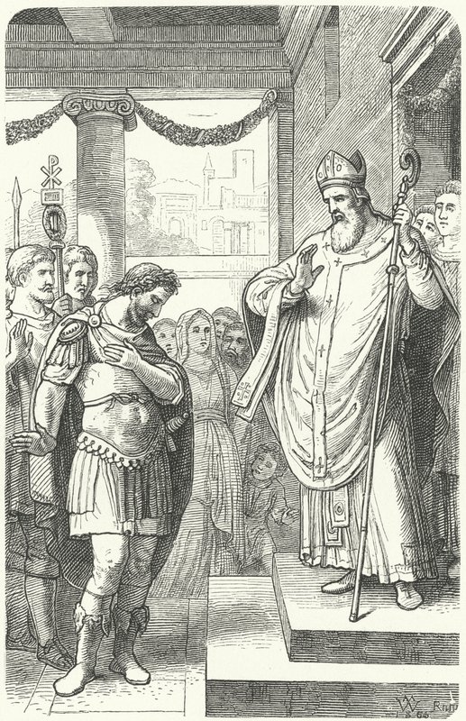 San Ambrosio impidiendo al emperador romano Teodosio I entrar en la Catedral de Milán como castigo por la Masacre de Tesalónica, 390 de German School
