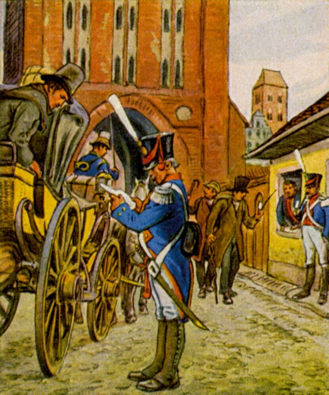 Stadtsoldaten Am Tor / Soldados de la ciudad en la puerta (litografía en color) de German School