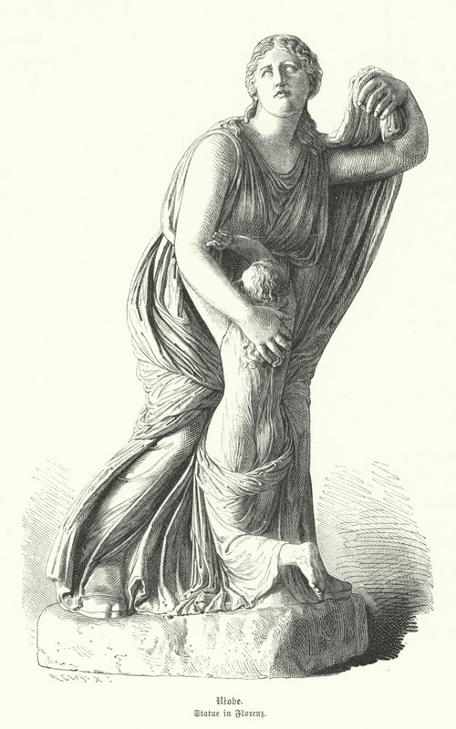 Estatua de Níobe protegiendo a uno de sus hijos de Artemisa y Apolo de German School