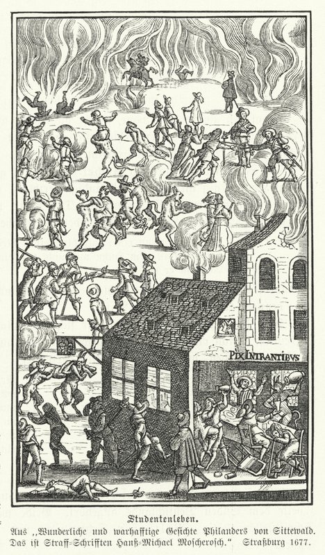 Vida estudiantil: escena de Gesichte Philanders von Sittewald, de Johann Michael Moscherosch (grabado) de German School