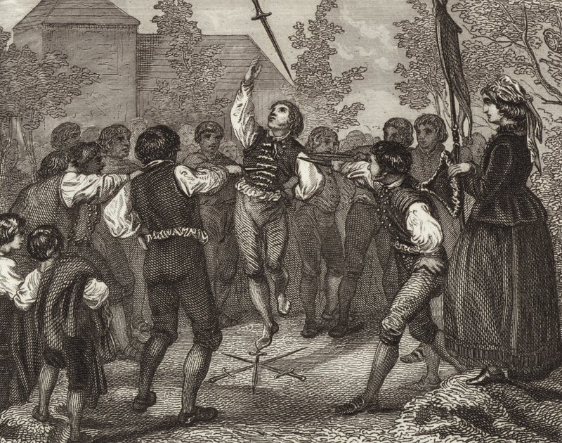 Danza de espadas, Dithmarschen, Schleswig-Holstein. Ilustración para Bilder-Atlas (grabado) de German School