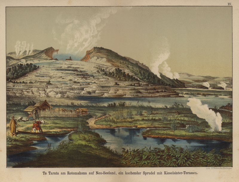 Te Tarata (Terraza Blanca), depósitos de sílice geotérmica en la orilla del Lago Rotomahana, Nueva Zelanda de German School