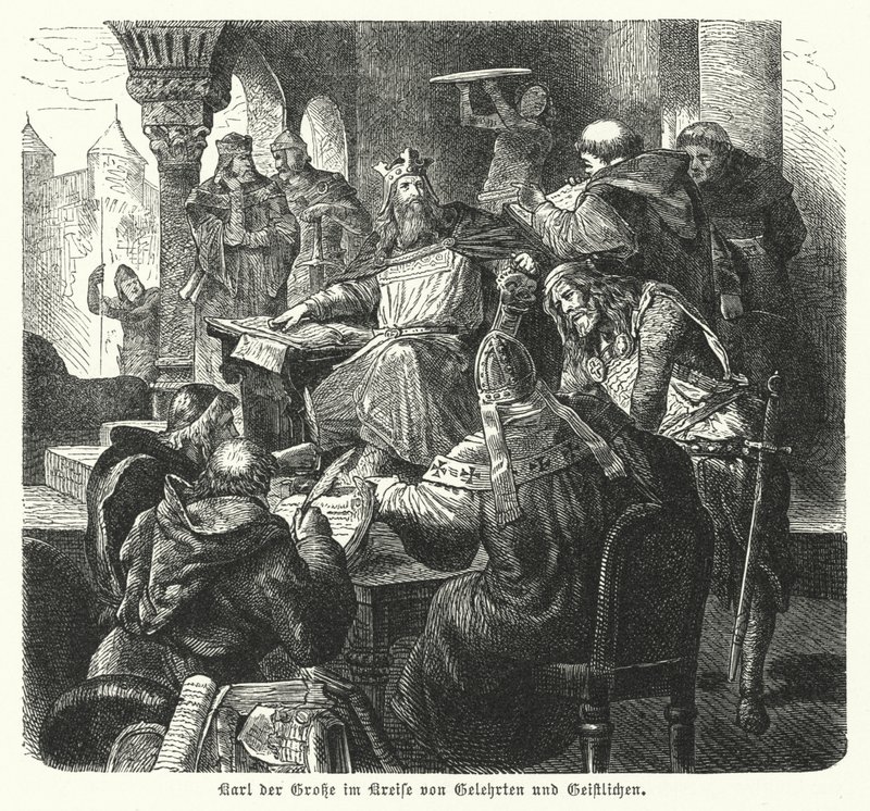 El Emperador Carlomagno rodeado de eruditos y miembros del clero de German School