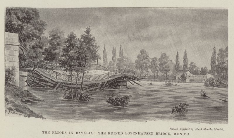 Las inundaciones en Baviera, el puente arruinado de Bogenhausen, Múnich de German School