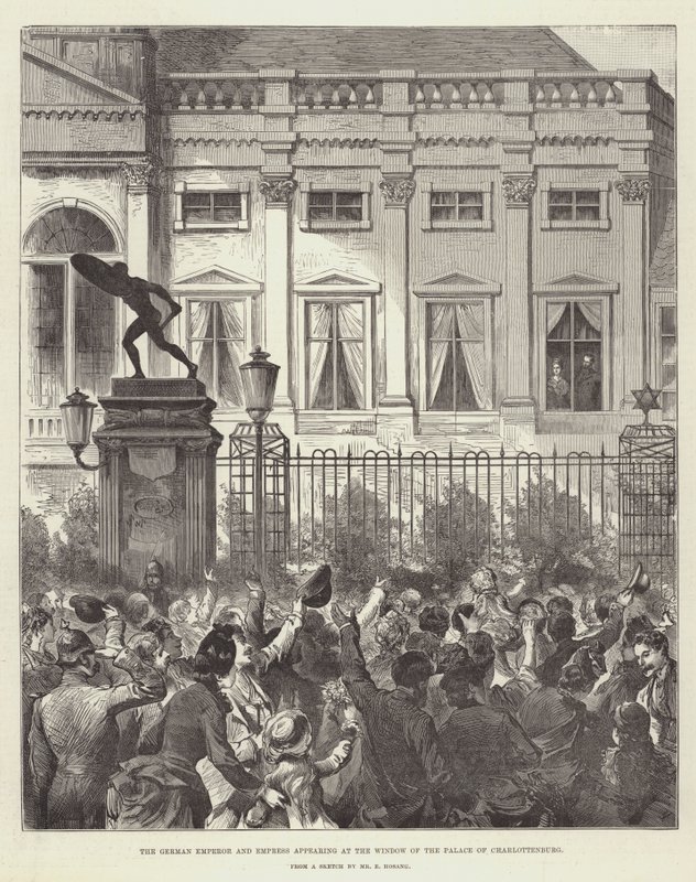 El emperador y la emperatriz alemanes apareciendo en la ventana del Palacio de Charlottenburg (grabado) de German School