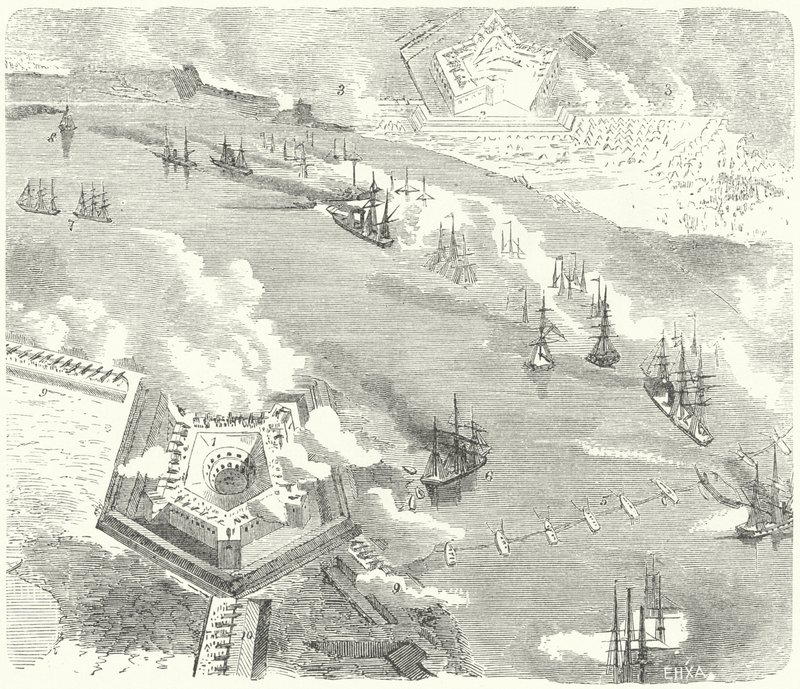 La flota de la Unión atacando Fort Jackson y Fort St Philip, Luisiana, Guerra Civil Americana, 1862 de German School
