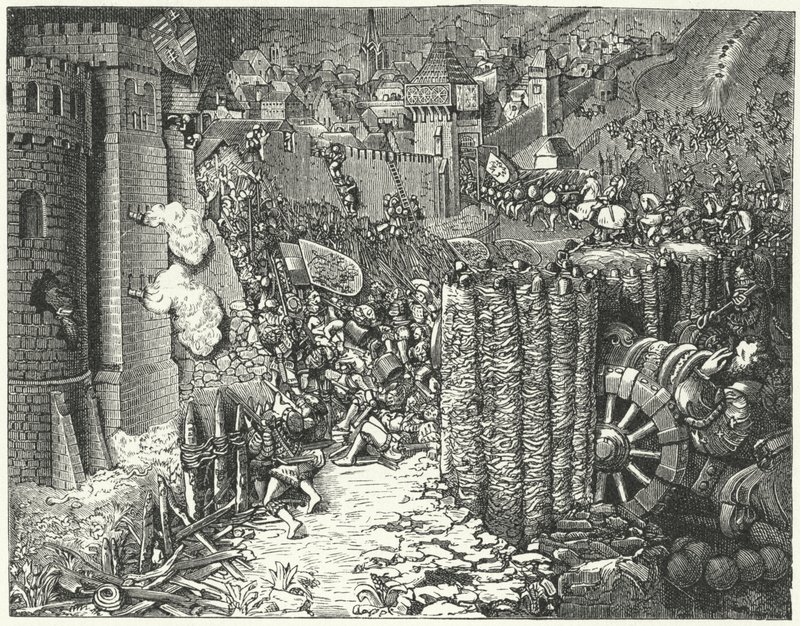 El ejército del Sacro Emperador Romano Maximiliano I asaltando Szekesfehervar, capital medieval del Reino de Hungría de German School
