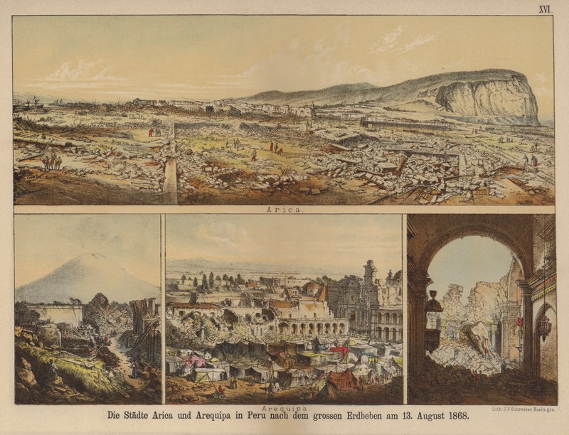Las ciudades de Arica y Arequipa en Perú después del gran terremoto del 13 de agosto de 1868 de German School
