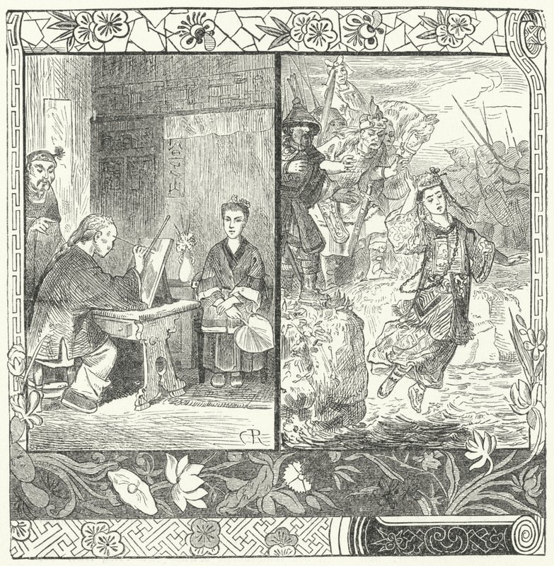 La muerte de Wang Zhaojun en el poema Otoño en el Palacio Han de Ma Zhiyuan (grabado) de German School