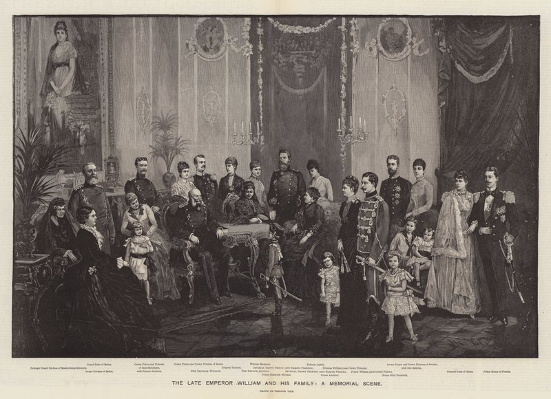 El difunto emperador Guillermo y su familia, una escena conmemorativa (grabado) de German School