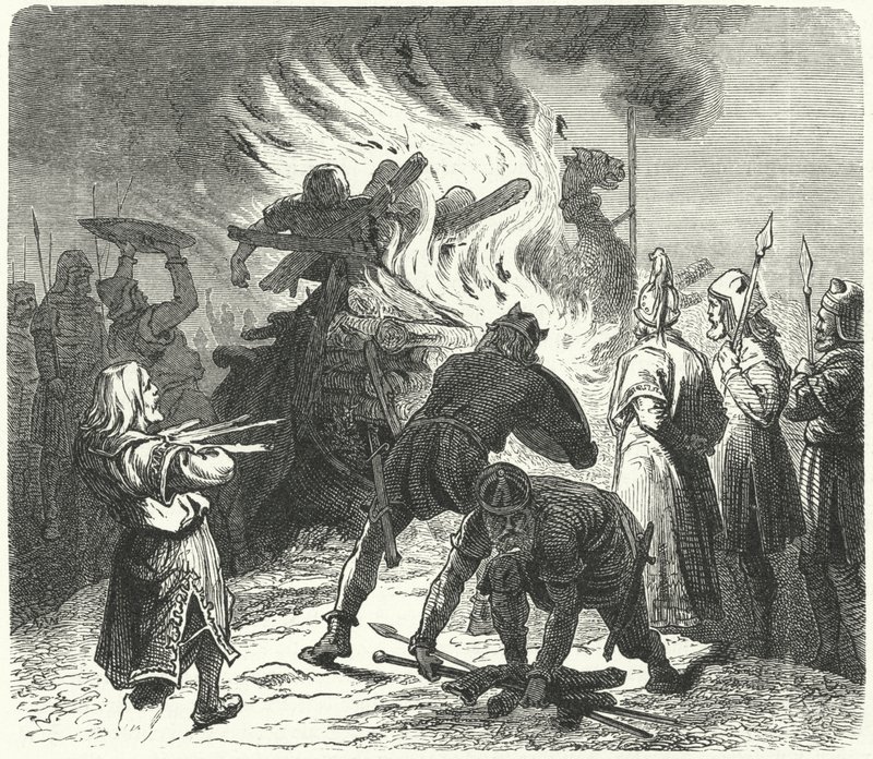 El legendario rey sueco Sigurd Hring quemando el cuerpo de Harald Wartooth después de la Batalla de Bravellir de German School