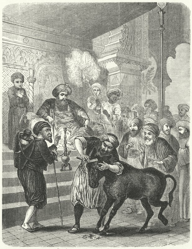El campesino y su asno ante el califa Harun al-Rashid (grabado) de German School