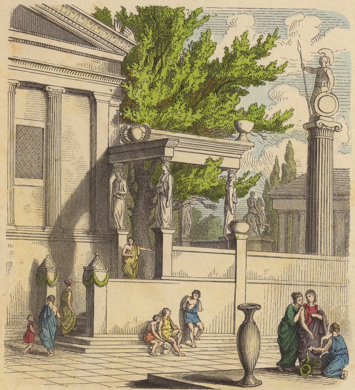 El olivo sagrado en la Acrópolis de Atenas (grabado coloreado) de German School