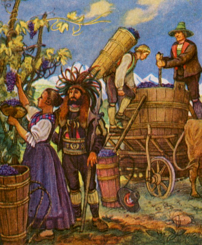 Tiroler Weinlese / Vendimia tirolesa (litografía en color) de German School