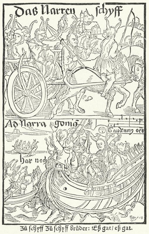 Portada de la primera edición de La nave de los locos de Sebastian Brant, impresa por Johann Bergmann von Olpe en Basilea en 1491 de German School