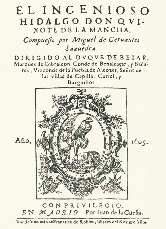 Portada de la primera edición de la novela Don Quijote, de Miguel de Cervantes (grabado) de German School