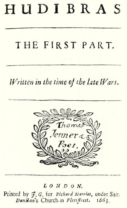 Página de título del poema satírico Hudibras de Samuel Butler, publicado en 1663 de German School