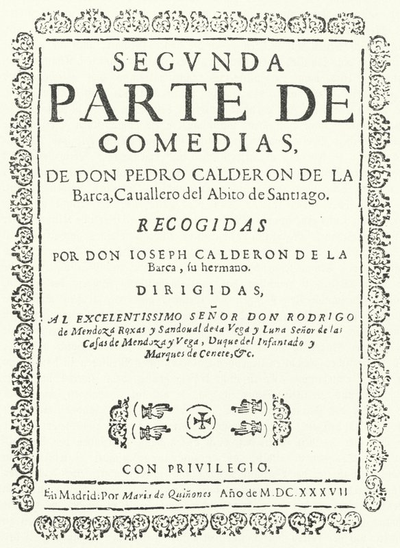 Portada del segundo de cuatro volúmenes de las Comedias de Calderón, publicado en 1637 (grabado) de German School