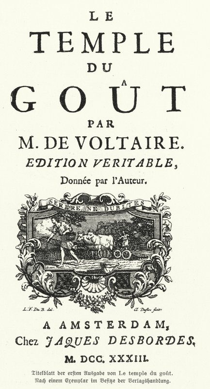 Portada de la primera edición de Le Temple du Gout de Voltaire de German School