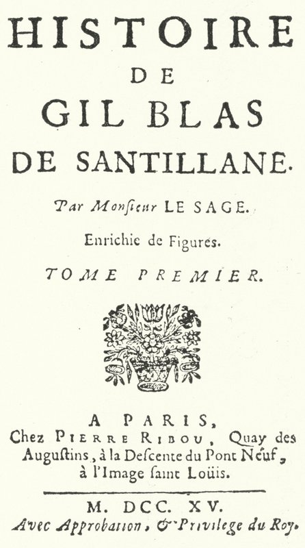 Portada de la primera edición de Gil Blas del novelista y dramaturgo francés Alain-René Lesage, publicada en 1715 de German School