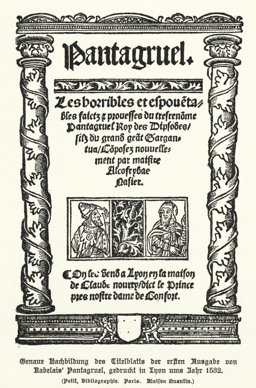 Página de título de la primera edición de Pantagruel, por el autor francés François Rabelais, impresa en Lyon en 1532 de German School