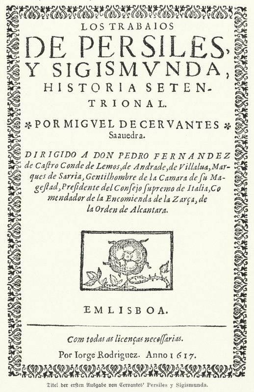 Página de título de la primera edición de Los trabajos de Persiles y Sigismunda del novelista español Miguel de Cervantes de German School
