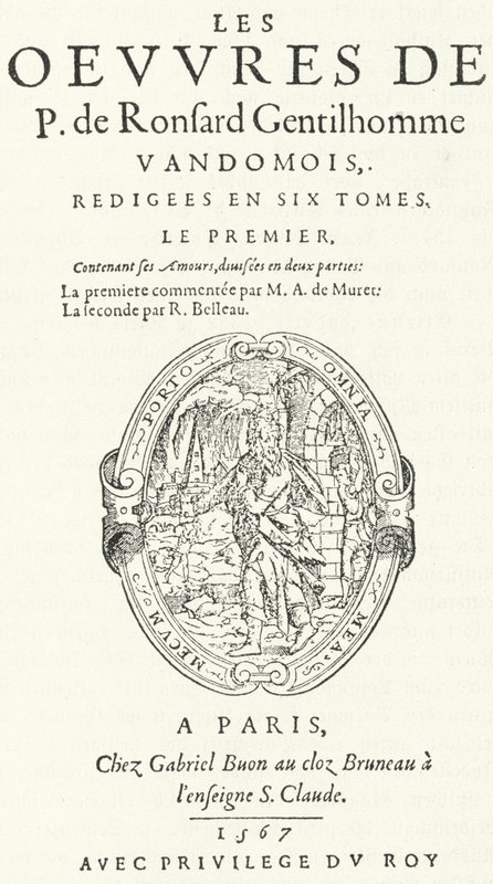 Portada del primer volumen de la rara y muy popular segunda edición de las obras de Pierre de Ronsard, publicada en seis volúmenes por el propio poeta (grabado) de German School