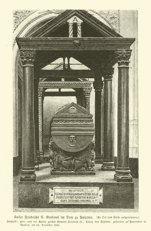 Tumba de Federico II, Emperador del Sacro Imperio Romano, en la Catedral de Palermo, Sicilia (grabado) de German School