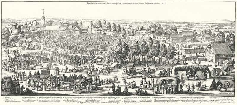 Viajeros visitando los manantiales curativos en el pueblo de Hornhausen, 1646 de German School