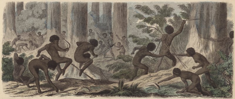 Dos tribus de aborígenes australianos peleando de German School