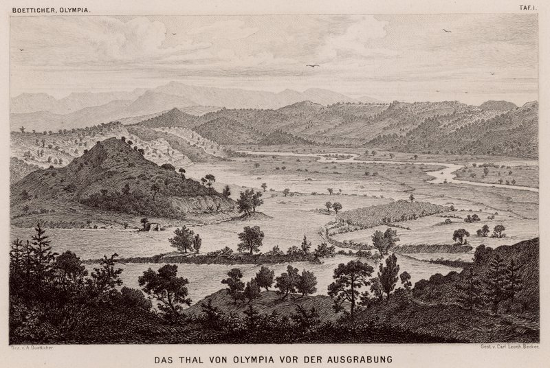 Valle de Olimpia, Grecia, antes de las excavaciones arqueológicas (grabado) de German School