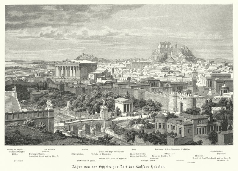 Vista de Atenas desde el este durante el reinado del Imperio Romano de Adriano, siglo II de German School