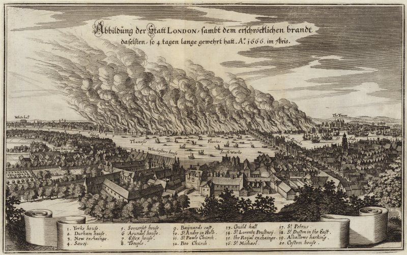 Vista de la ciudad de Londres y el horrible incendio que ardió durante cuatro días de German School