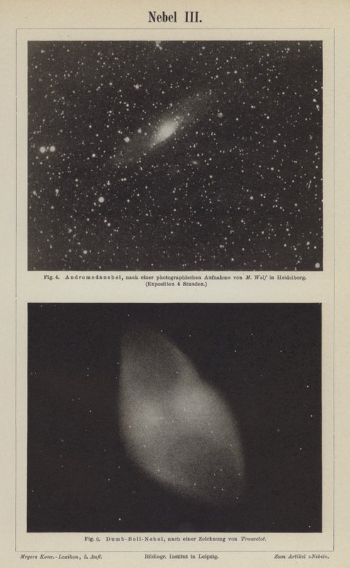Vistas de la Nebulosa de Andrómeda y la Nebulosa Dumbbell (grabado) de German School