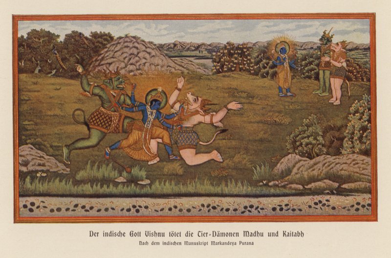 Vishnu matando a los demonios Madhu y Kaitaba (litografía en color) de German School