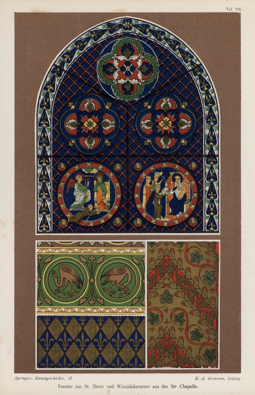 Ventana de la Basílica de San Denis y decoración mural de la Sainte-Chapelle, París, Francia de German School
