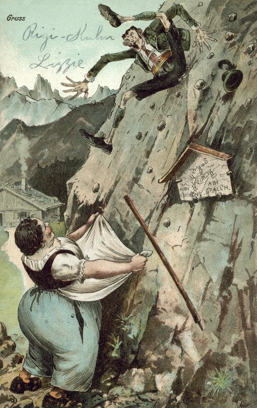 Mujer atrapando a hombre cayendo de la montaña de German School