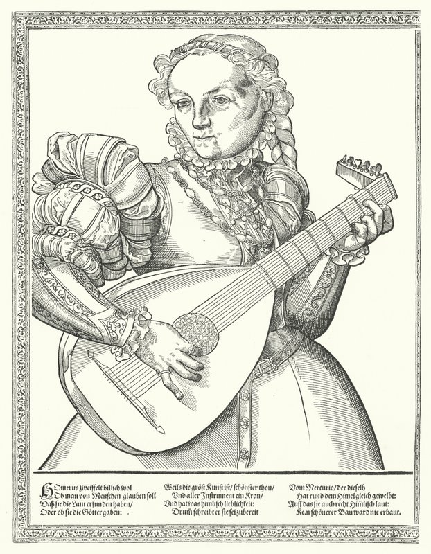 Mujer tocando un laúd de German School
