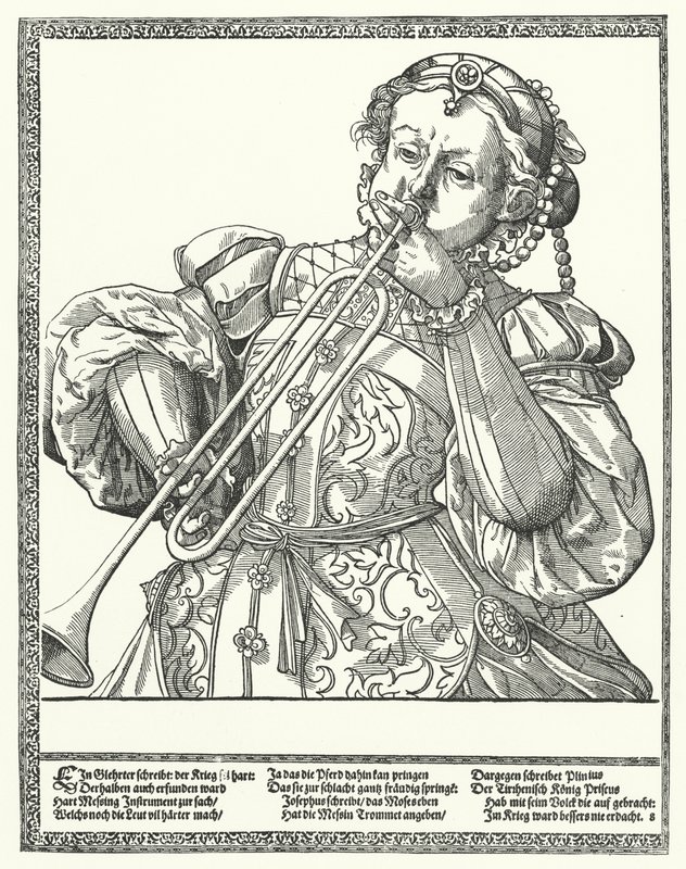 Mujer tocando un trombón o sacabuche de German School
