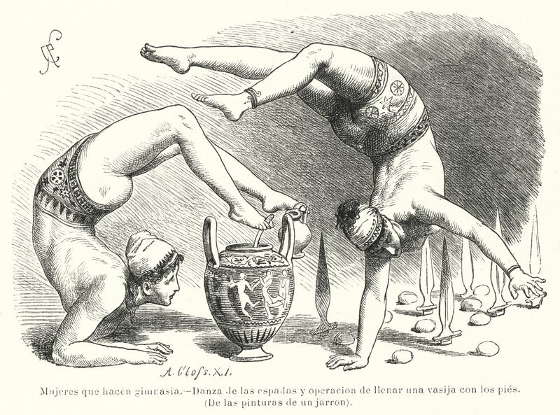 Mujeres haciendo gimnasia en la Antigua Grecia: danza con espada y llenando un recipiente con los pies de German School