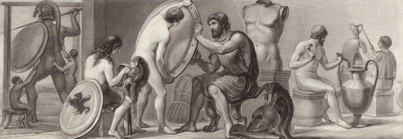 Trabajo y ocupaciones en la Antigua Grecia. Ilustración para Bilder-Atlas (grabado) de German School