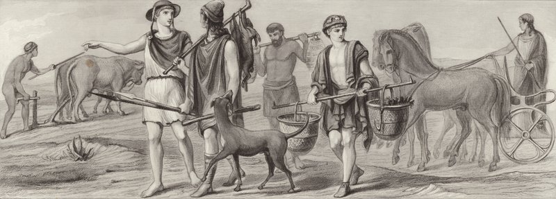 Trabajo y ocupaciones en la Antigua Grecia. Ilustración para Bilder-Atlas (grabado) de German School