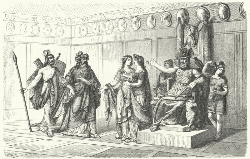 Wotan recibiendo a los músicos presentados por Bragi, el dios de la poesía y la canción (grabado) de German School