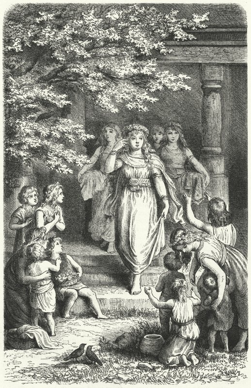 Jóvenes alemanas con coronas para celebrar el festival de Eostre (Ostara) de German School